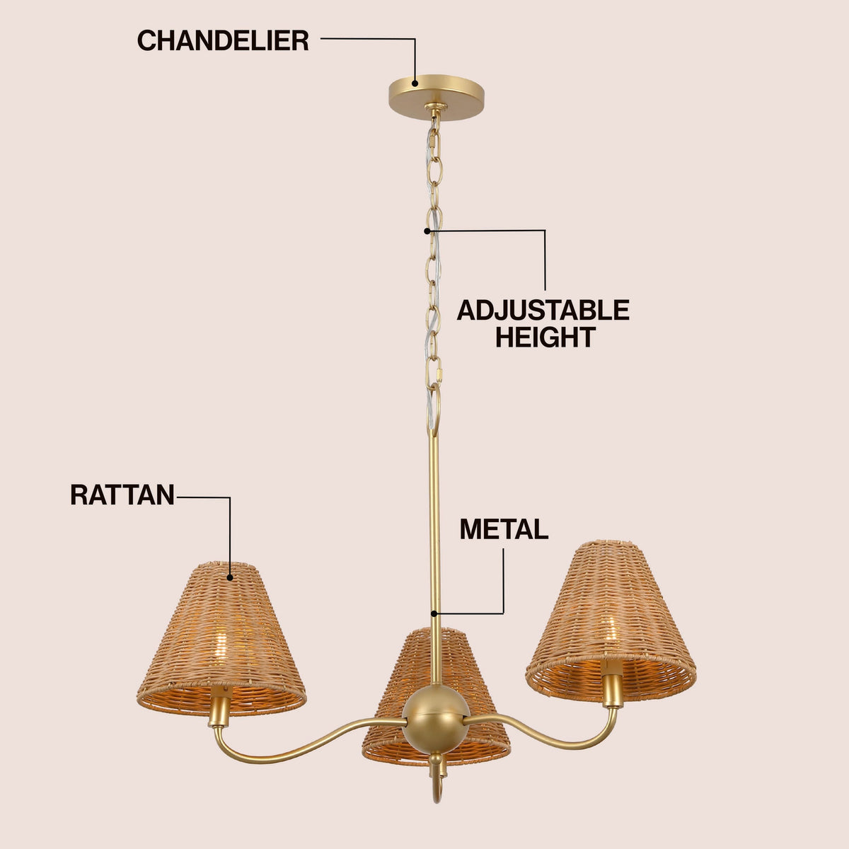 GradyCoastal Farmhouse Adjustable Swooping Arm Metal with Hand-Woven Rattan Shades LED Chandelier