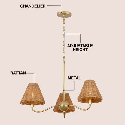 GradyCoastal Farmhouse Adjustable Swooping Arm Metal with Hand-Woven Rattan Shades LED Chandelier