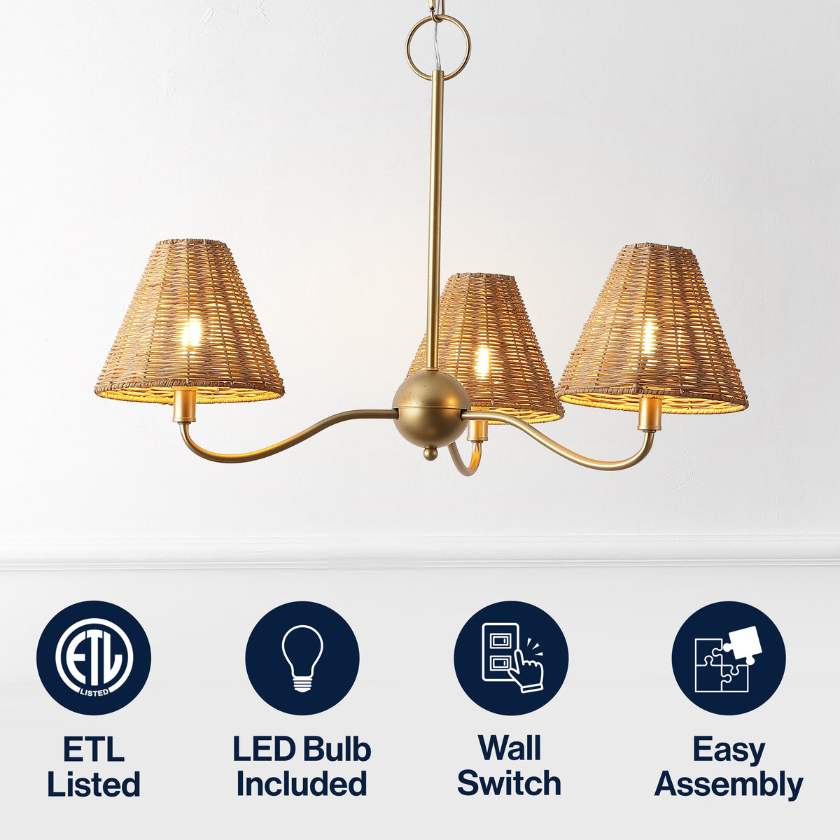 GradyCoastal Farmhouse Adjustable Swooping Arm Metal with Hand-Woven Rattan Shades LED Chandelier