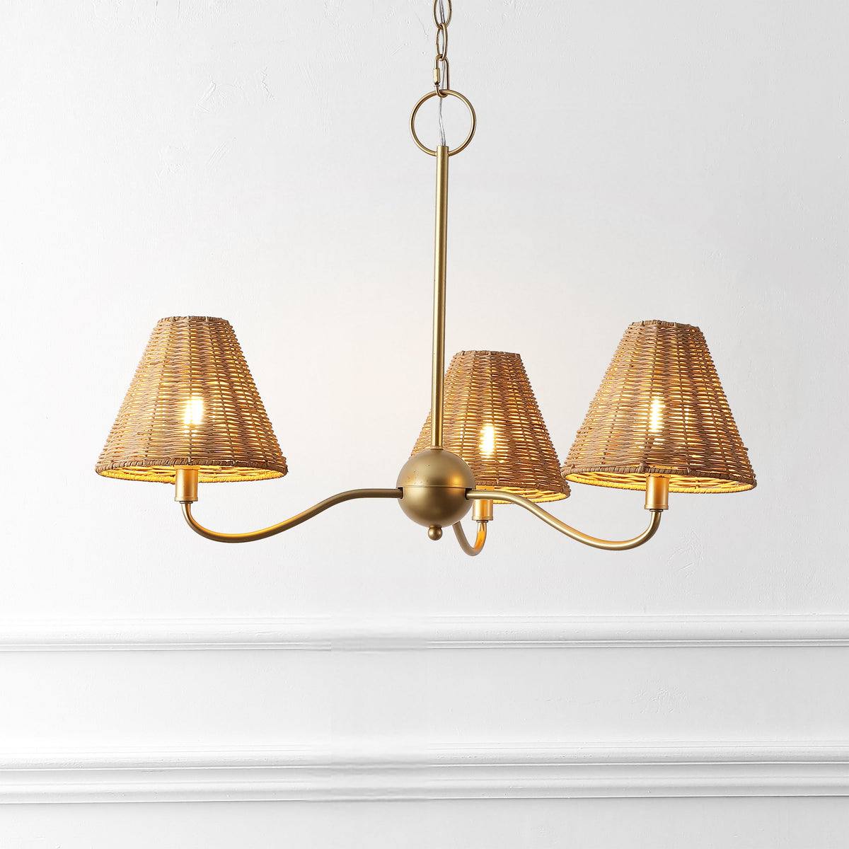 GradyCoastal Farmhouse Adjustable Swooping Arm Metal with Hand-Woven Rattan Shades LED Chandelier
