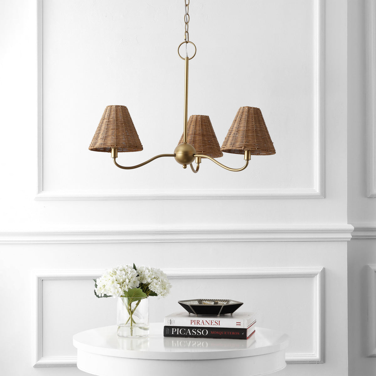 GradyCoastal Farmhouse Adjustable Swooping Arm Metal with Hand-Woven Rattan Shades LED Chandelier