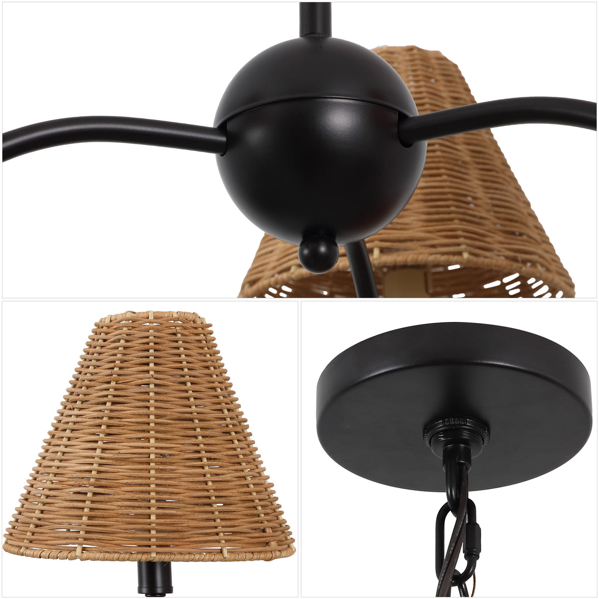 GradyCoastal Farmhouse Adjustable Swooping Arm Metal with Hand-Woven Rattan Shades LED Chandelier