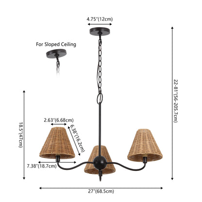 GradyCoastal Farmhouse Adjustable Swooping Arm Metal with Hand-Woven Rattan Shades LED Chandelier