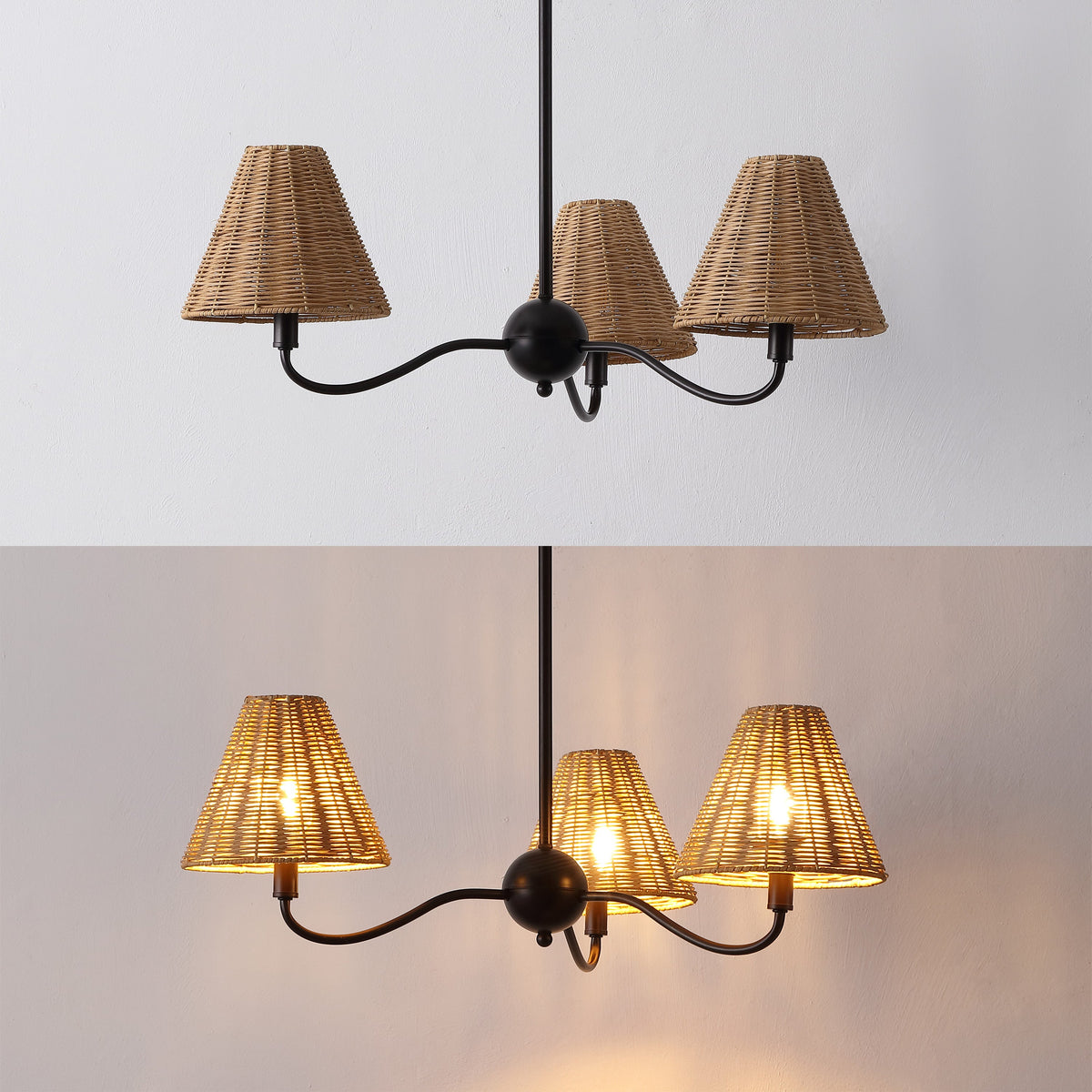 GradyCoastal Farmhouse Adjustable Swooping Arm Metal with Hand-Woven Rattan Shades LED Chandelier