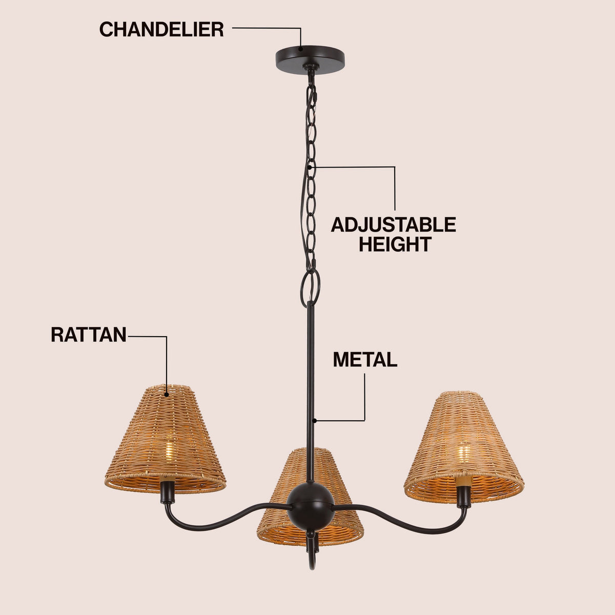 GradyCoastal Farmhouse Adjustable Swooping Arm Metal with Hand-Woven Rattan Shades LED Chandelier