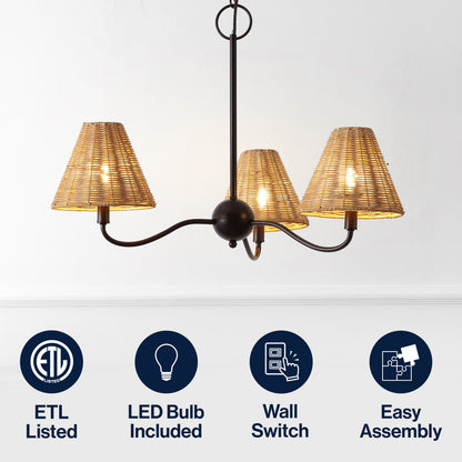 GradyCoastal Farmhouse Adjustable Swooping Arm Metal with Hand-Woven Rattan Shades LED Chandelier