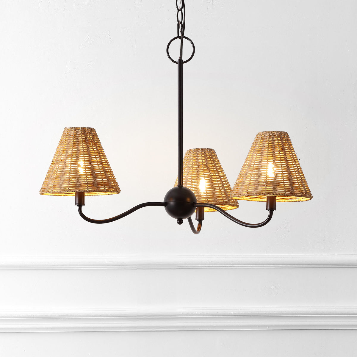 GradyCoastal Farmhouse Adjustable Swooping Arm Metal with Hand-Woven Rattan Shades LED Chandelier