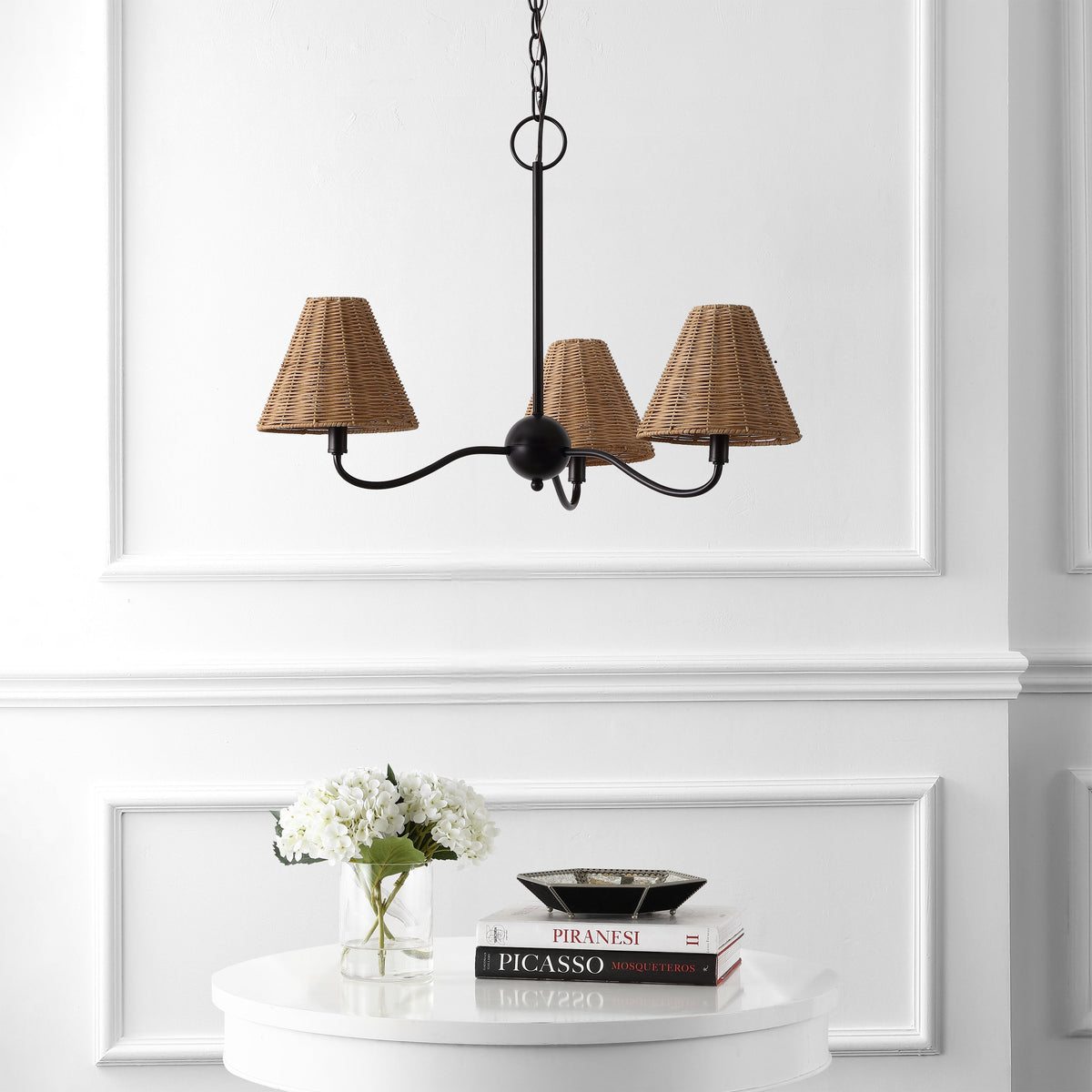 GradyCoastal Farmhouse Adjustable Swooping Arm Metal with Hand-Woven Rattan Shades LED Chandelier