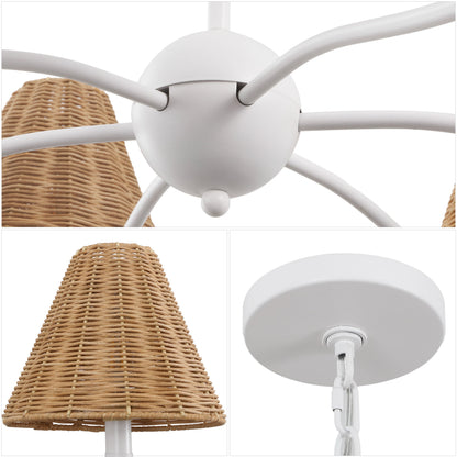 GradyCoastal Farmhouse Adjustable Swooping Arm Metal with Hand-Woven Rattan Shades LED Chandelier