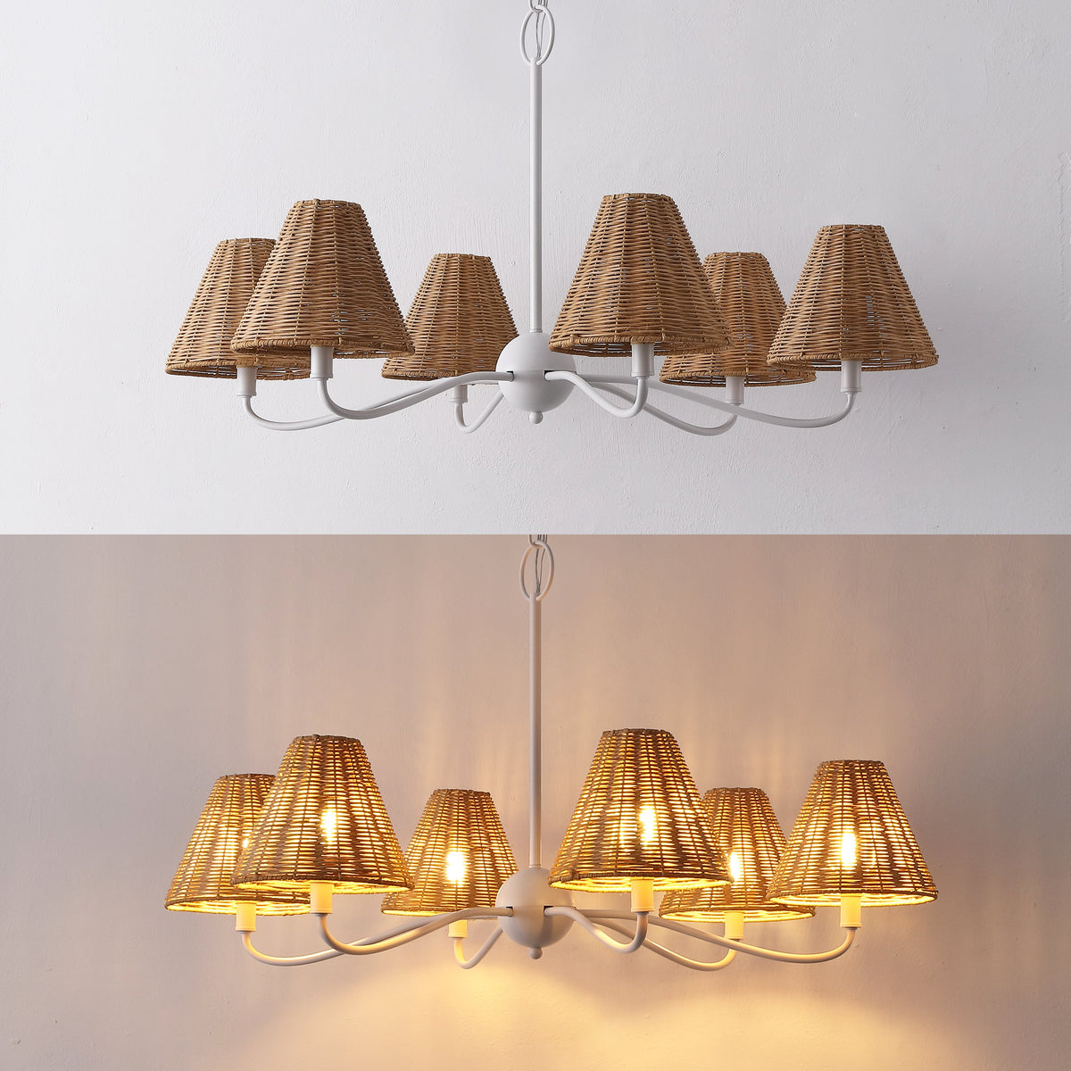 GradyCoastal Farmhouse Adjustable Swooping Arm Metal with Hand-Woven Rattan Shades LED Chandelier