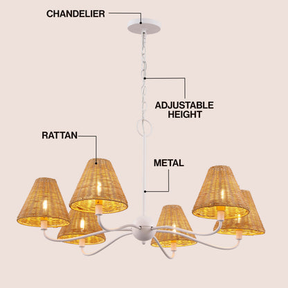 GradyCoastal Farmhouse Adjustable Swooping Arm Metal with Hand-Woven Rattan Shades LED Chandelier
