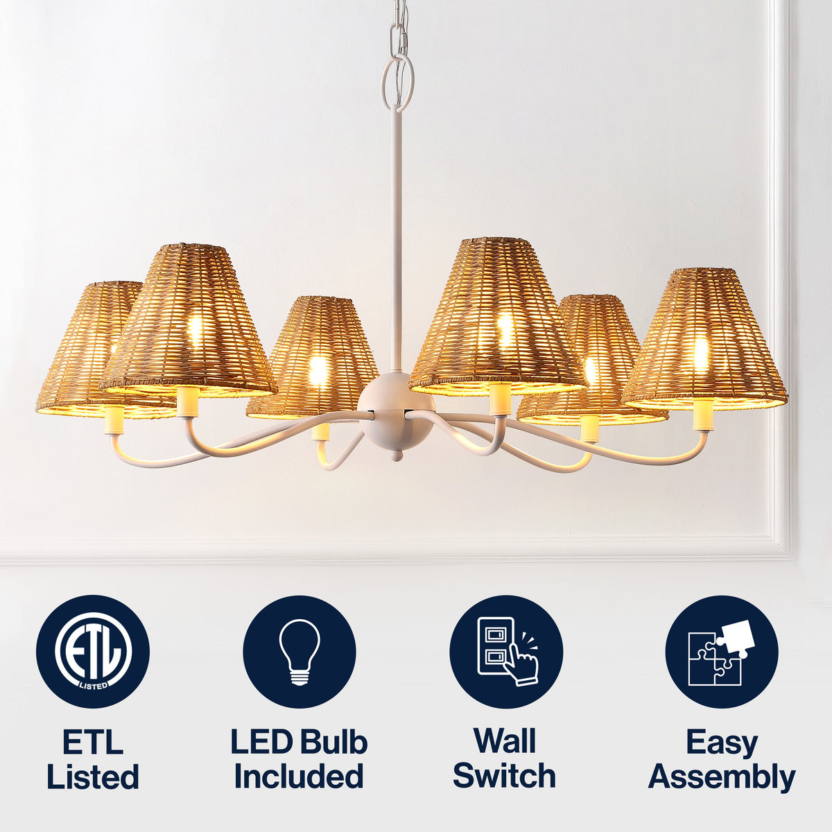 GradyCoastal Farmhouse Adjustable Swooping Arm Metal with Hand-Woven Rattan Shades LED Chandelier
