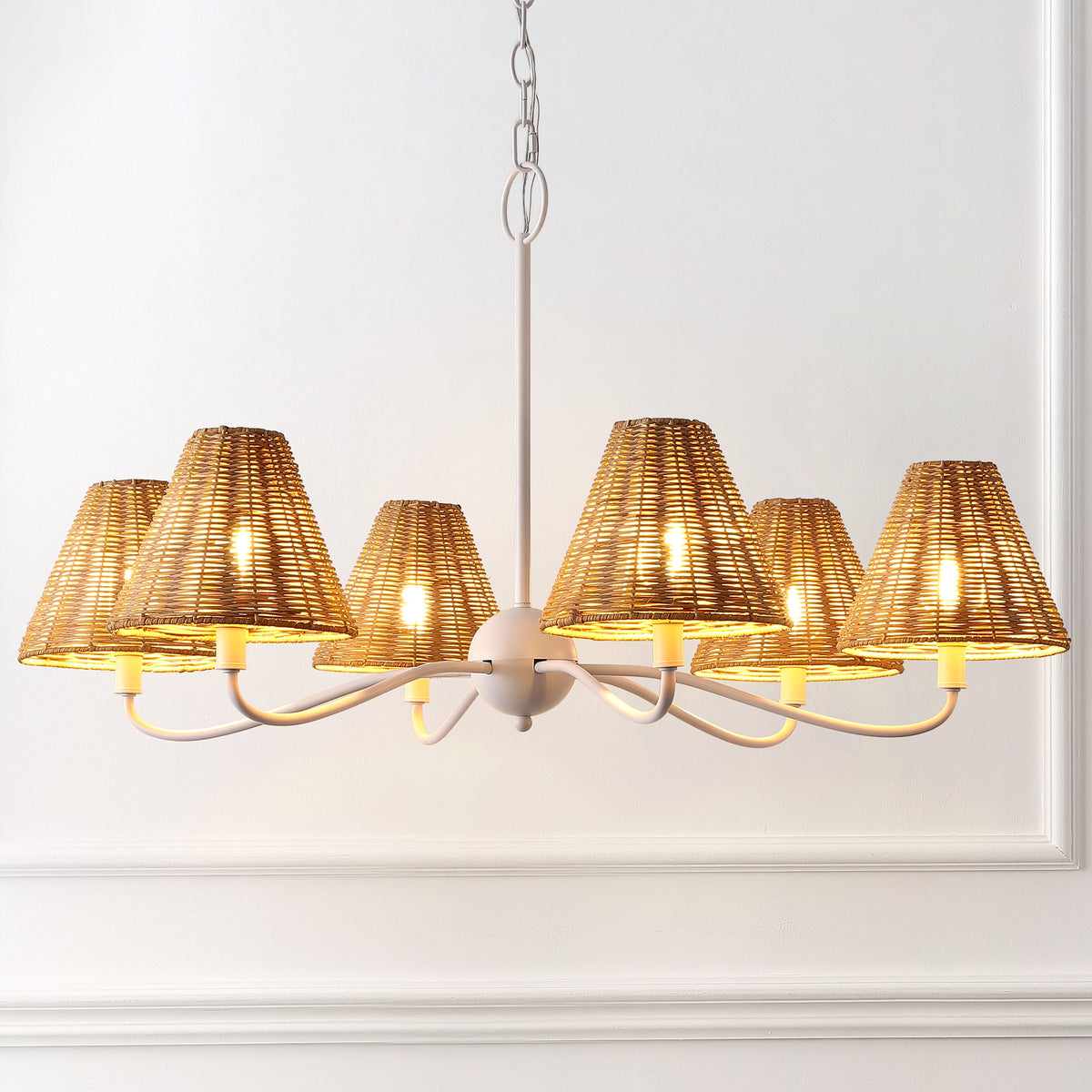 GradyCoastal Farmhouse Adjustable Swooping Arm Metal with Hand-Woven Rattan Shades LED Chandelier
