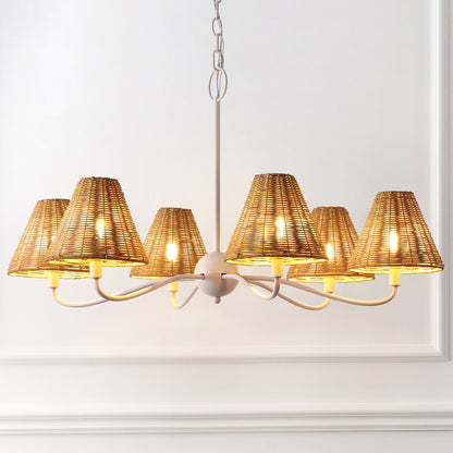 GradyCoastal Farmhouse Adjustable Swooping Arm Metal with Hand-Woven Rattan Shades LED Chandelier