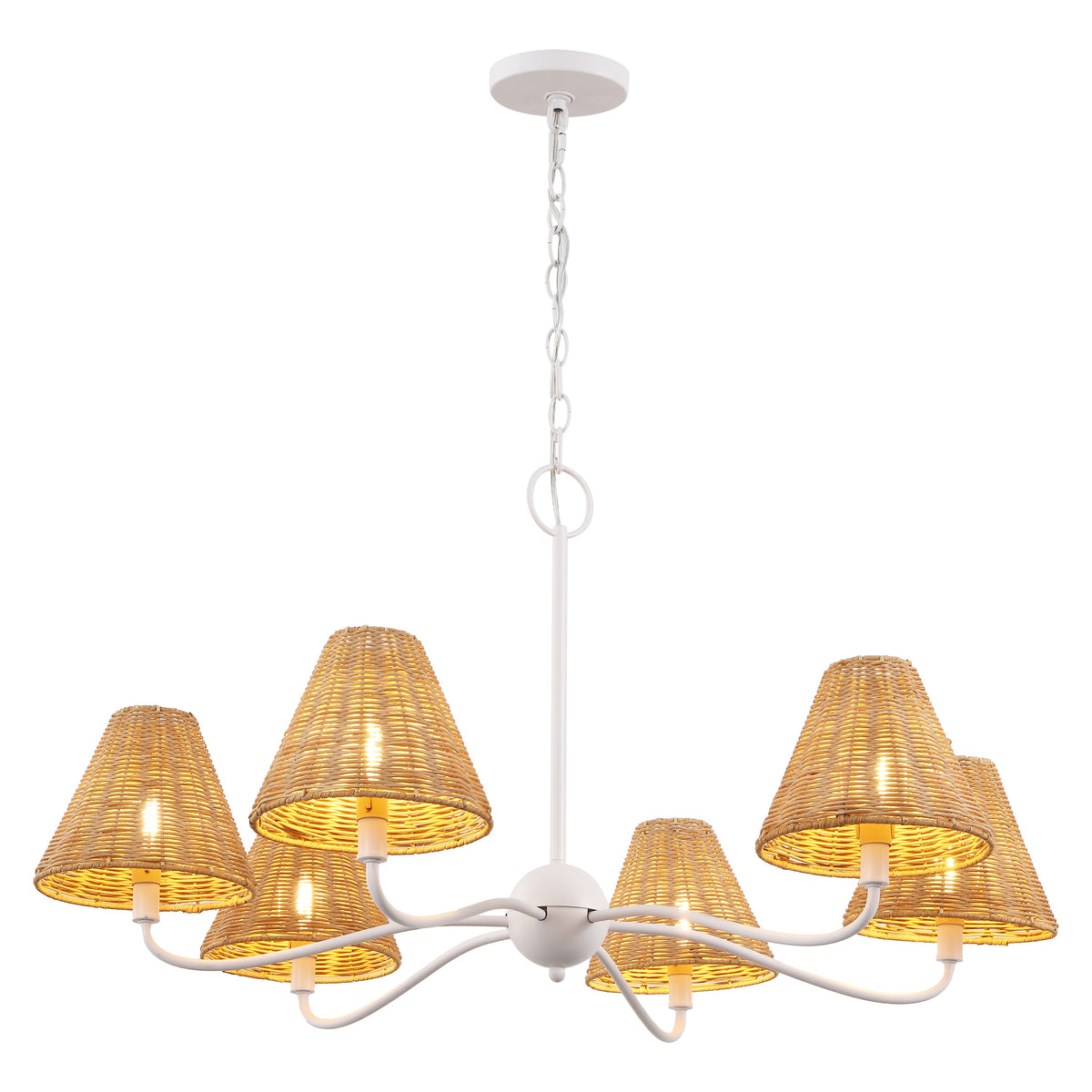 GradyCoastal Farmhouse Adjustable Swooping Arm Metal with Hand-Woven Rattan Shades LED Chandelier