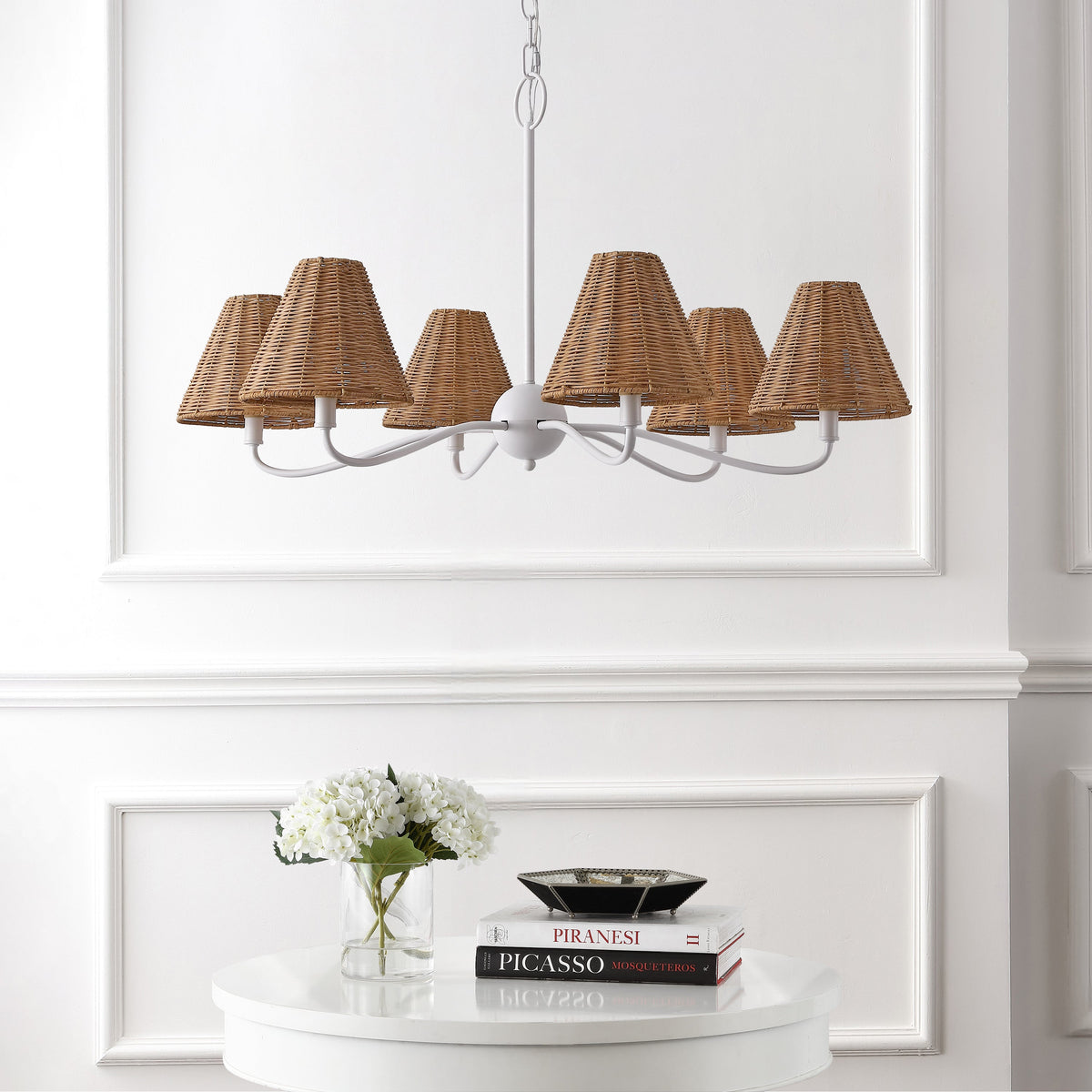 GradyCoastal Farmhouse Adjustable Swooping Arm Metal with Hand-Woven Rattan Shades LED Chandelier