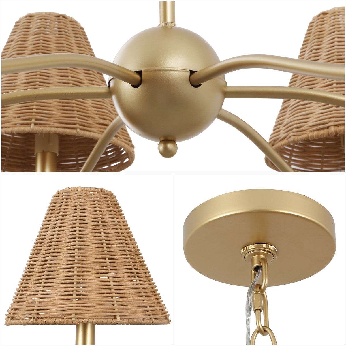 GradyCoastal Farmhouse Adjustable Swooping Arm Metal with Hand-Woven Rattan Shades LED Chandelier