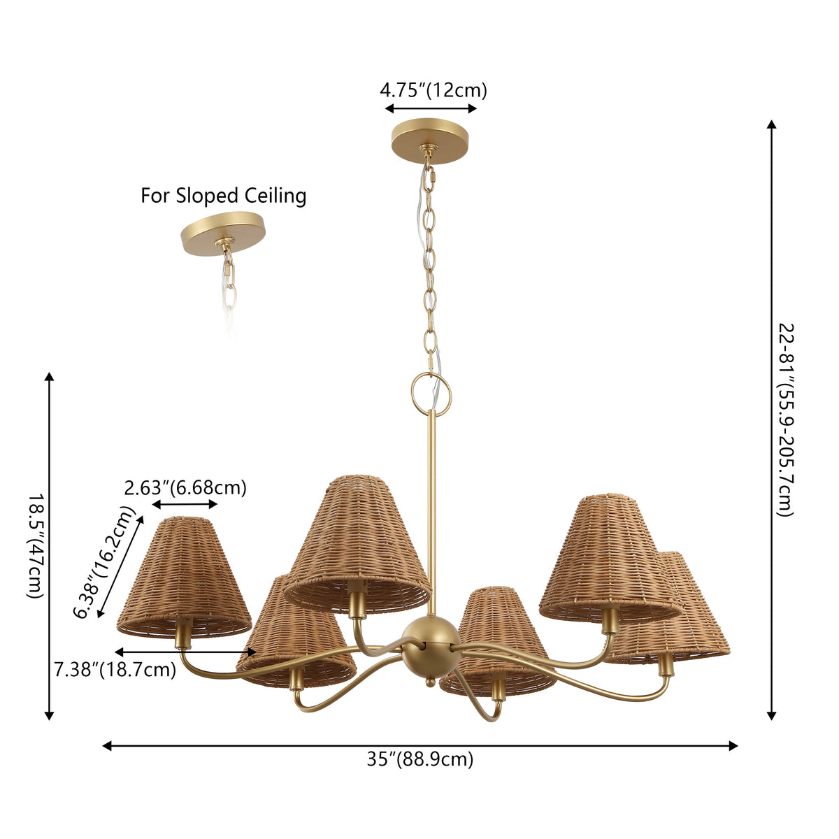GradyCoastal Farmhouse Adjustable Swooping Arm Metal with Hand-Woven Rattan Shades LED Chandelier