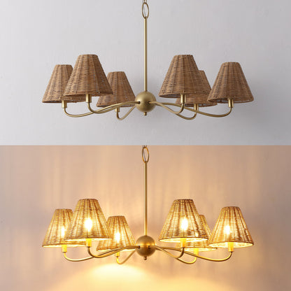 GradyCoastal Farmhouse Adjustable Swooping Arm Metal with Hand-Woven Rattan Shades LED Chandelier