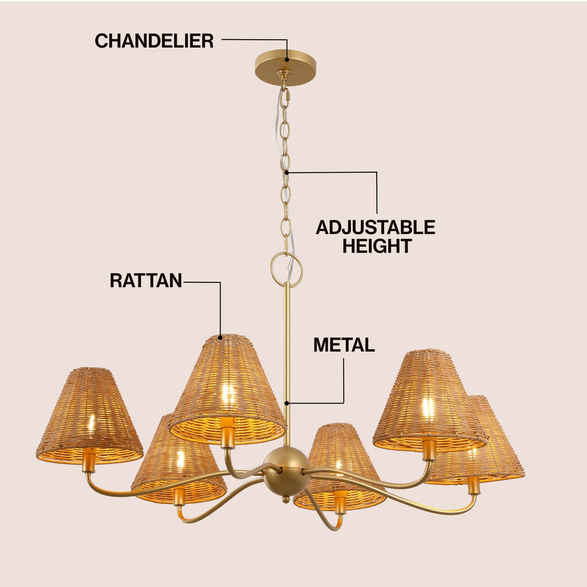 GradyCoastal Farmhouse Adjustable Swooping Arm Metal with Hand-Woven Rattan Shades LED Chandelier