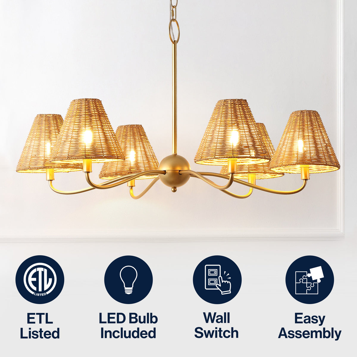 GradyCoastal Farmhouse Adjustable Swooping Arm Metal with Hand-Woven Rattan Shades LED Chandelier