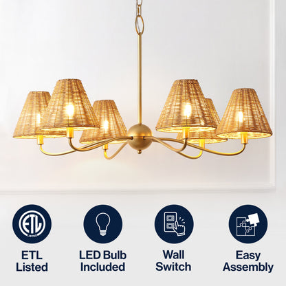 GradyCoastal Farmhouse Adjustable Swooping Arm Metal with Hand-Woven Rattan Shades LED Chandelier