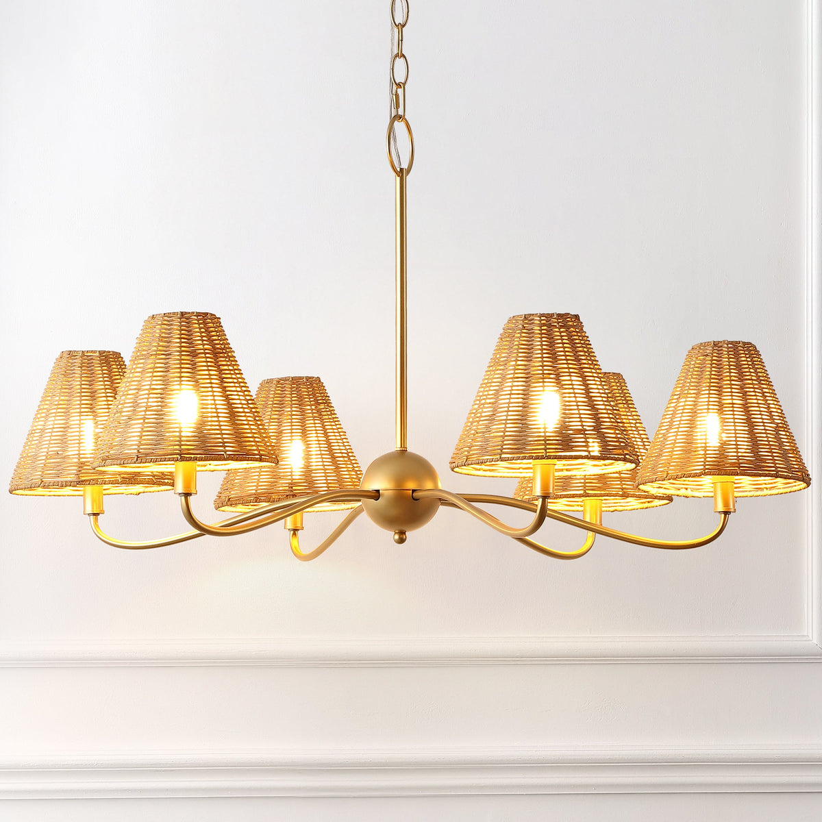 GradyCoastal Farmhouse Adjustable Swooping Arm Metal with Hand-Woven Rattan Shades LED Chandelier