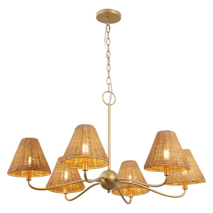 GradyCoastal Farmhouse Adjustable Swooping Arm Metal with Hand-Woven Rattan Shades LED Chandelier