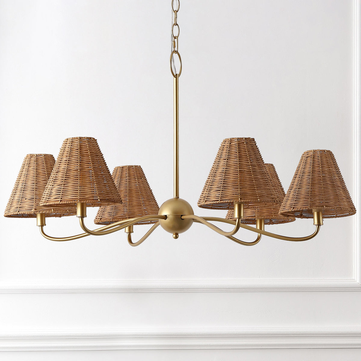 GradyCoastal Farmhouse Adjustable Swooping Arm Metal with Hand-Woven Rattan Shades LED Chandelier