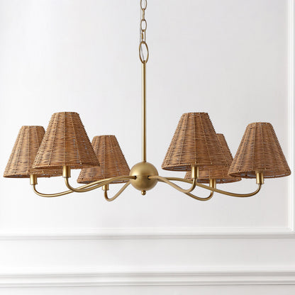 GradyCoastal Farmhouse Adjustable Swooping Arm Metal with Hand-Woven Rattan Shades LED Chandelier