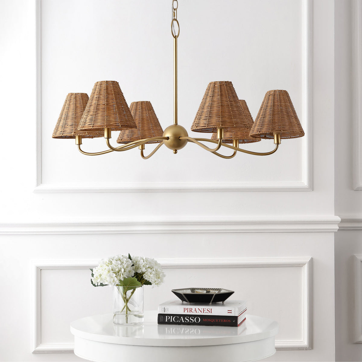GradyCoastal Farmhouse Adjustable Swooping Arm Metal with Hand-Woven Rattan Shades LED Chandelier