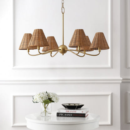 GradyCoastal Farmhouse Adjustable Swooping Arm Metal with Hand-Woven Rattan Shades LED Chandelier