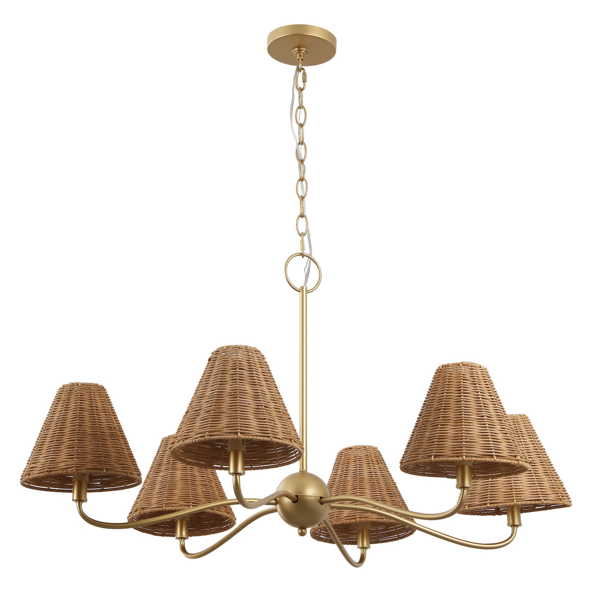 GradyCoastal Farmhouse Adjustable Swooping Arm Metal with Hand-Woven Rattan Shades LED Chandelier