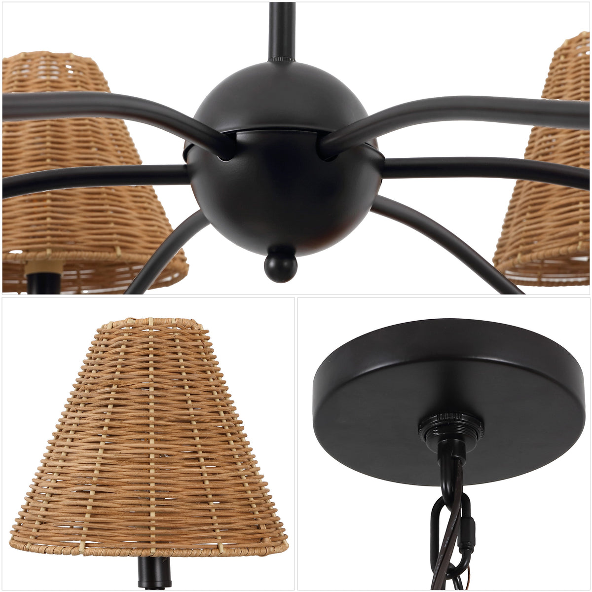 GradyCoastal Farmhouse Adjustable Swooping Arm Metal with Hand-Woven Rattan Shades LED Chandelier