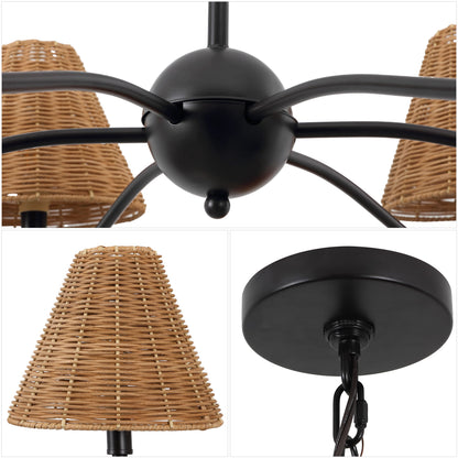 GradyCoastal Farmhouse Adjustable Swooping Arm Metal with Hand-Woven Rattan Shades LED Chandelier