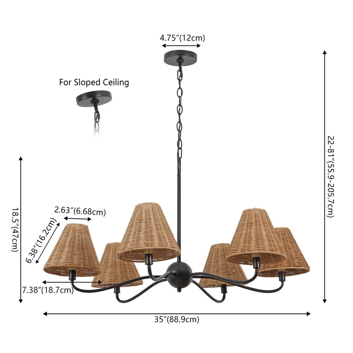 GradyCoastal Farmhouse Adjustable Swooping Arm Metal with Hand-Woven Rattan Shades LED Chandelier
