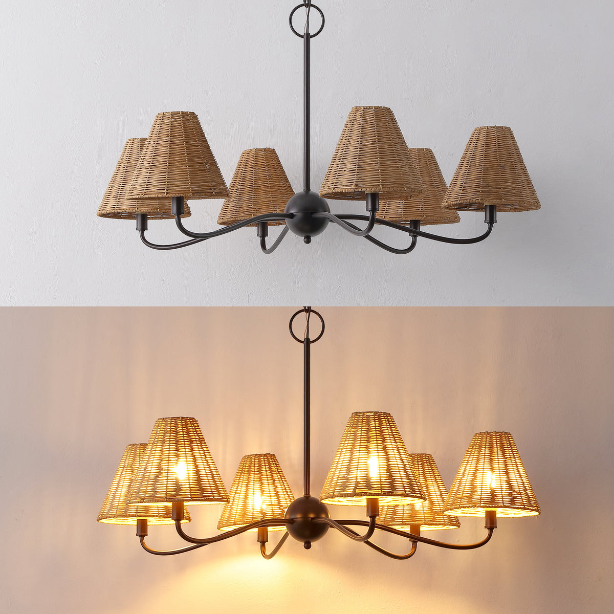 GradyCoastal Farmhouse Adjustable Swooping Arm Metal with Hand-Woven Rattan Shades LED Chandelier