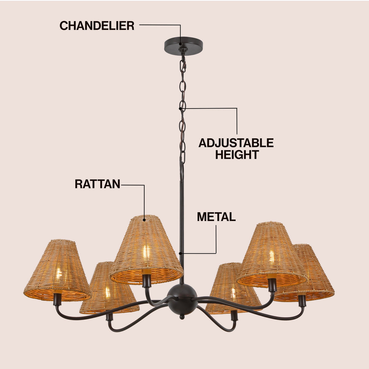 GradyCoastal Farmhouse Adjustable Swooping Arm Metal with Hand-Woven Rattan Shades LED Chandelier