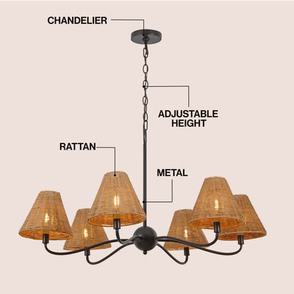 GradyCoastal Farmhouse Adjustable Swooping Arm Metal with Hand-Woven Rattan Shades LED Chandelier