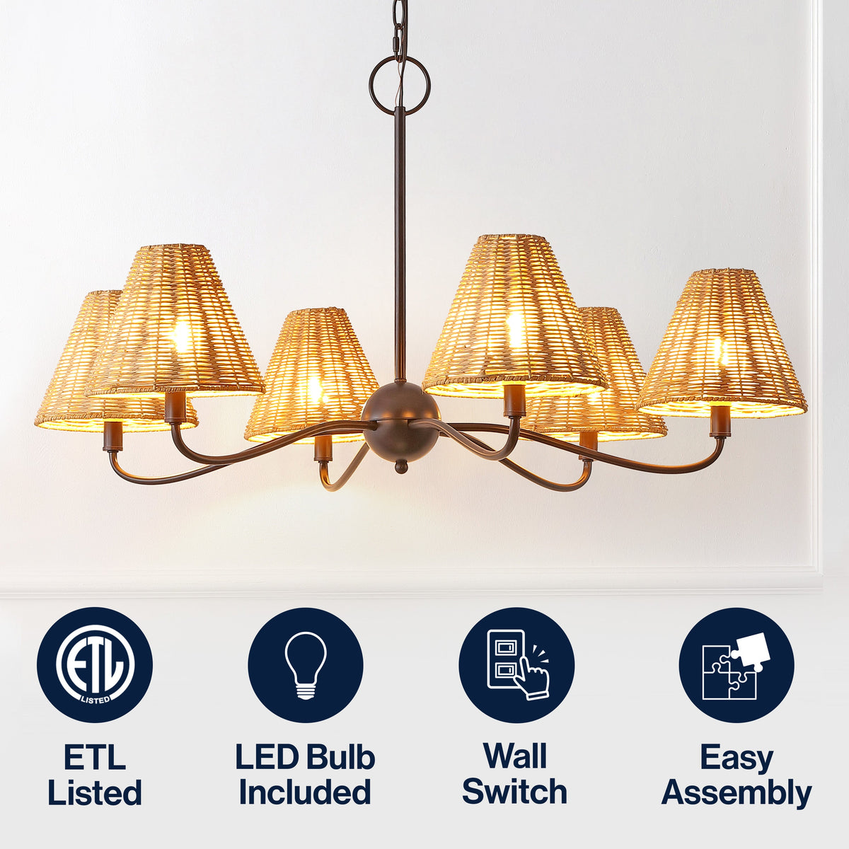 GradyCoastal Farmhouse Adjustable Swooping Arm Metal with Hand-Woven Rattan Shades LED Chandelier