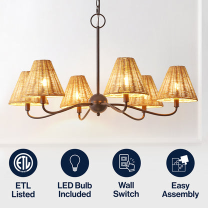 GradyCoastal Farmhouse Adjustable Swooping Arm Metal with Hand-Woven Rattan Shades LED Chandelier