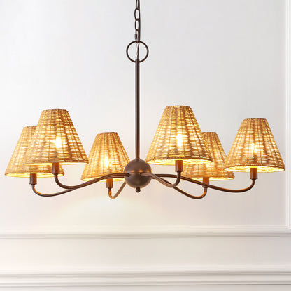 GradyCoastal Farmhouse Adjustable Swooping Arm Metal with Hand-Woven Rattan Shades LED Chandelier