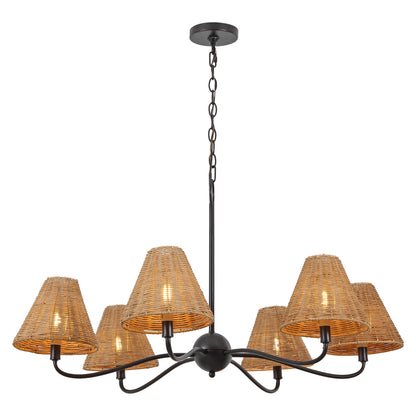 GradyCoastal Farmhouse Adjustable Swooping Arm Metal with Hand-Woven Rattan Shades LED Chandelier