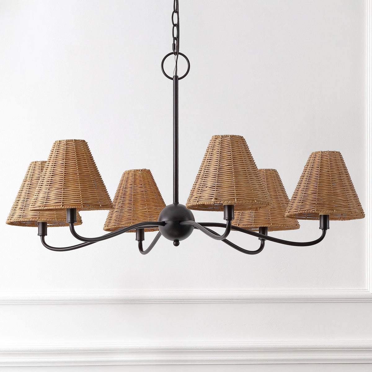 GradyCoastal Farmhouse Adjustable Swooping Arm Metal with Hand-Woven Rattan Shades LED Chandelier