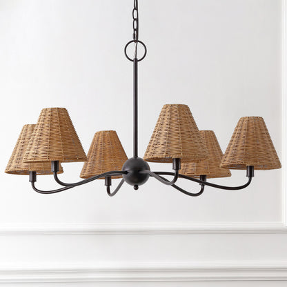 GradyCoastal Farmhouse Adjustable Swooping Arm Metal with Hand-Woven Rattan Shades LED Chandelier
