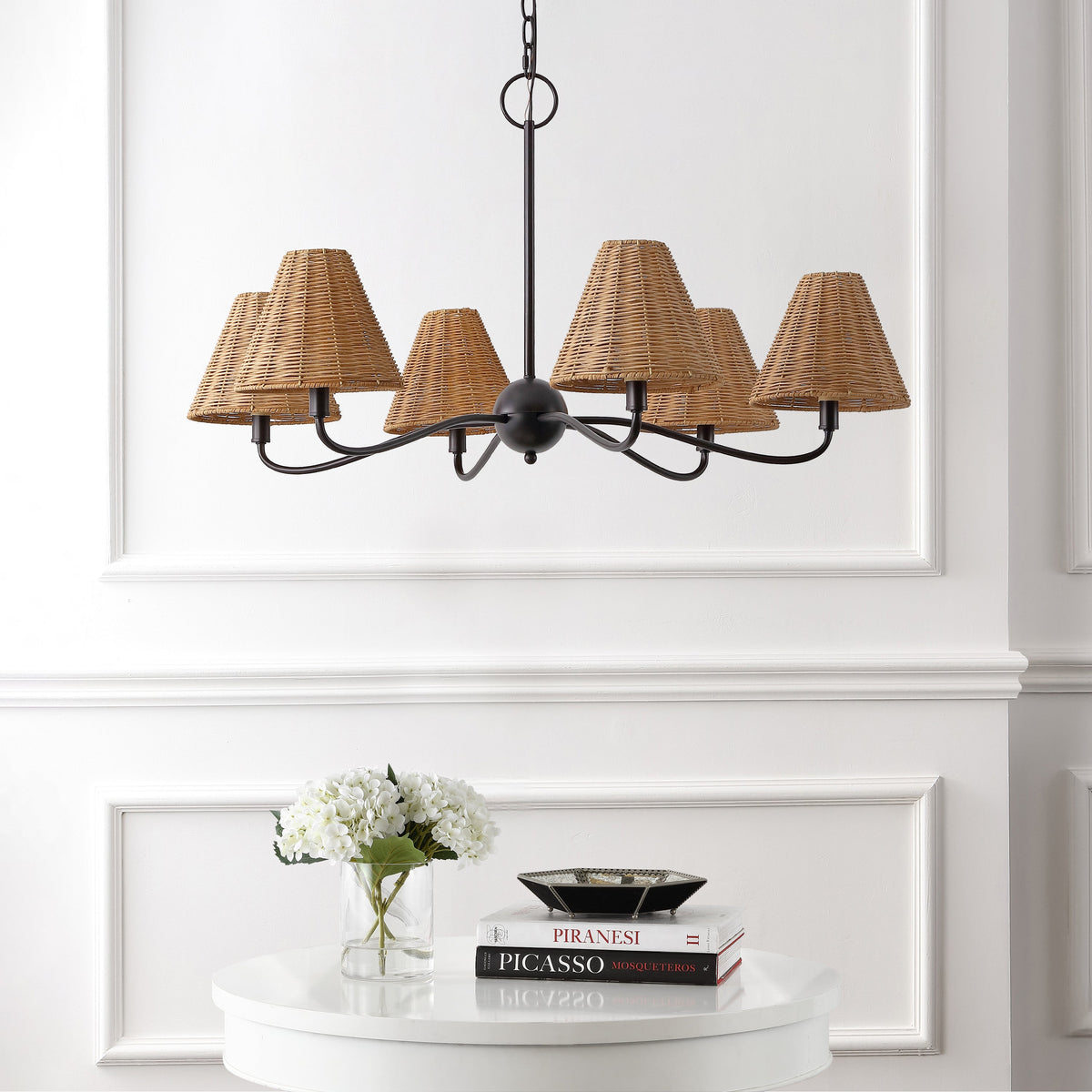 GradyCoastal Farmhouse Adjustable Swooping Arm Metal with Hand-Woven Rattan Shades LED Chandelier