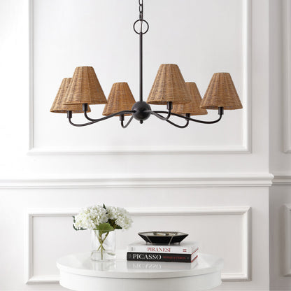 GradyCoastal Farmhouse Adjustable Swooping Arm Metal with Hand-Woven Rattan Shades LED Chandelier