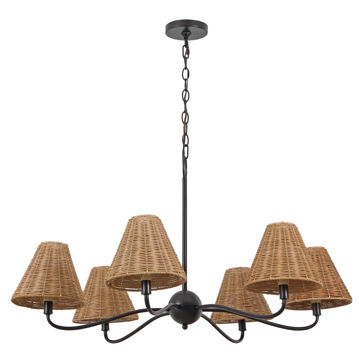GradyCoastal Farmhouse Adjustable Swooping Arm Metal with Hand-Woven Rattan Shades LED Chandelier