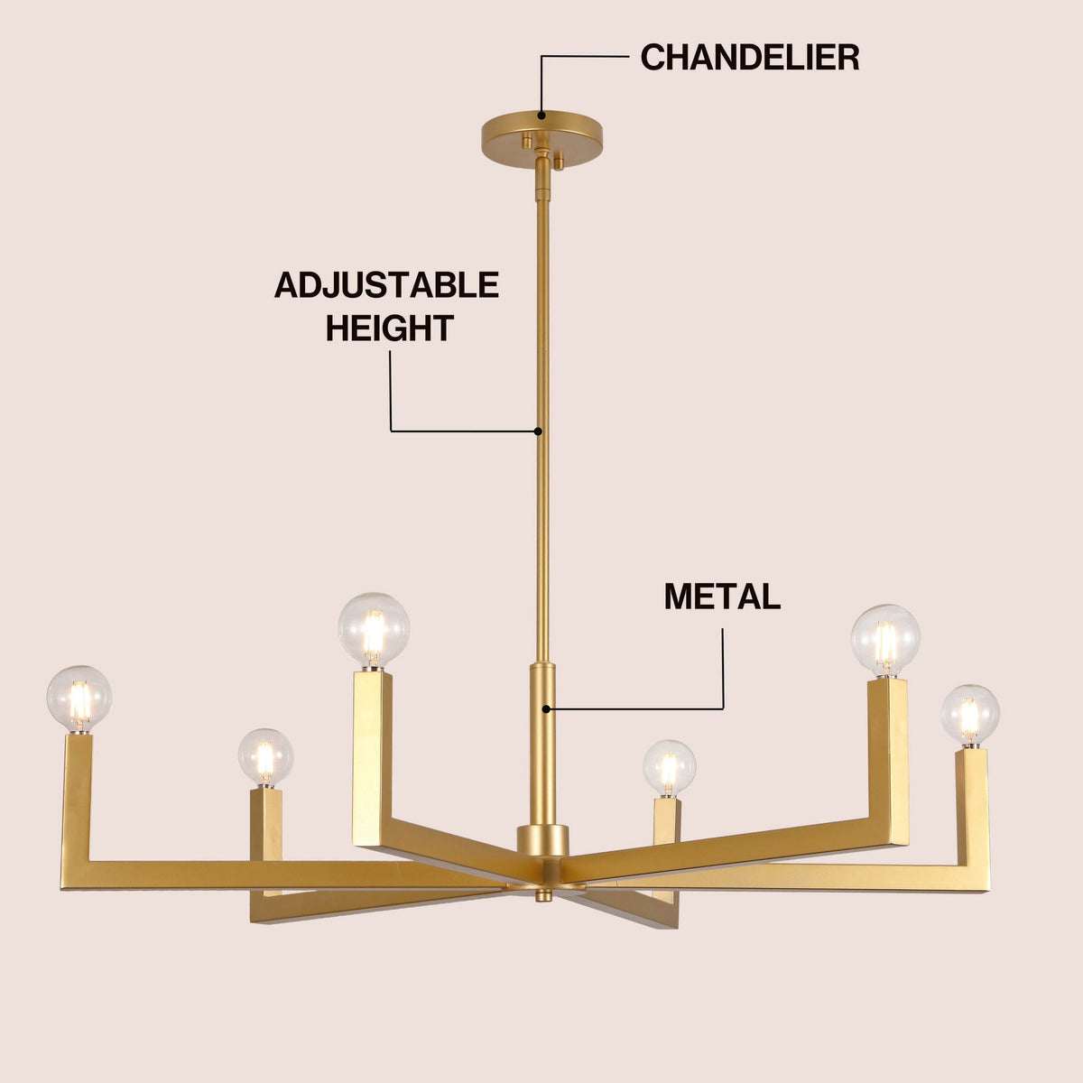 Darcy 35" 6-Light Grand Modern Industrial Adjustable Geometric Architectural Square-Arm Candle-Style Metal LED Chandelier