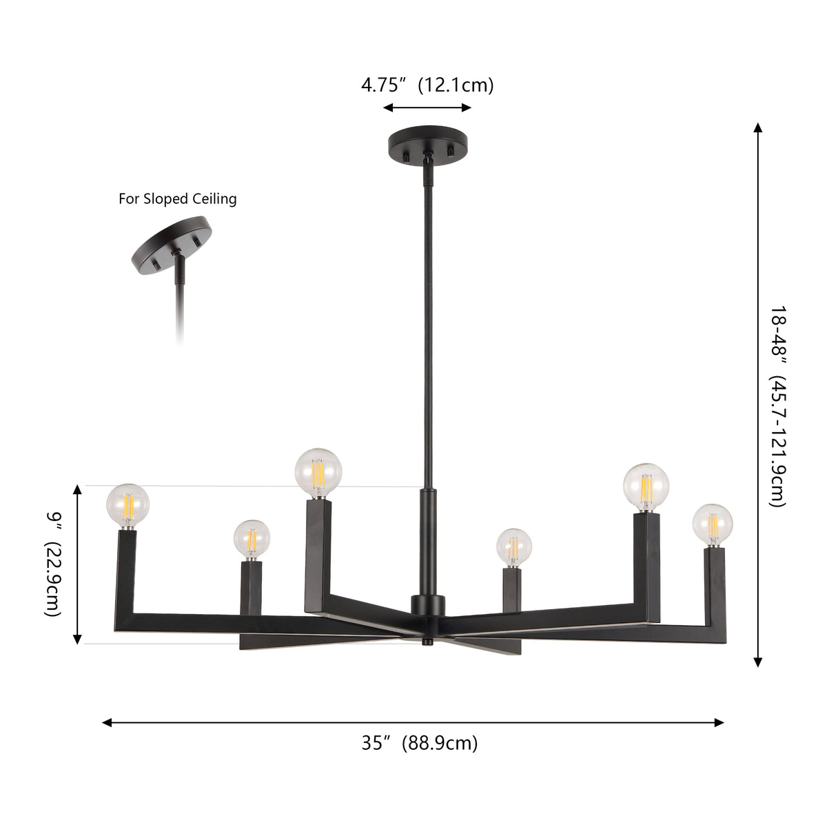 Darcy 35" 6-Light Grand Modern Industrial Adjustable Geometric Architectural Square-Arm Candle-Style Metal LED Chandelier